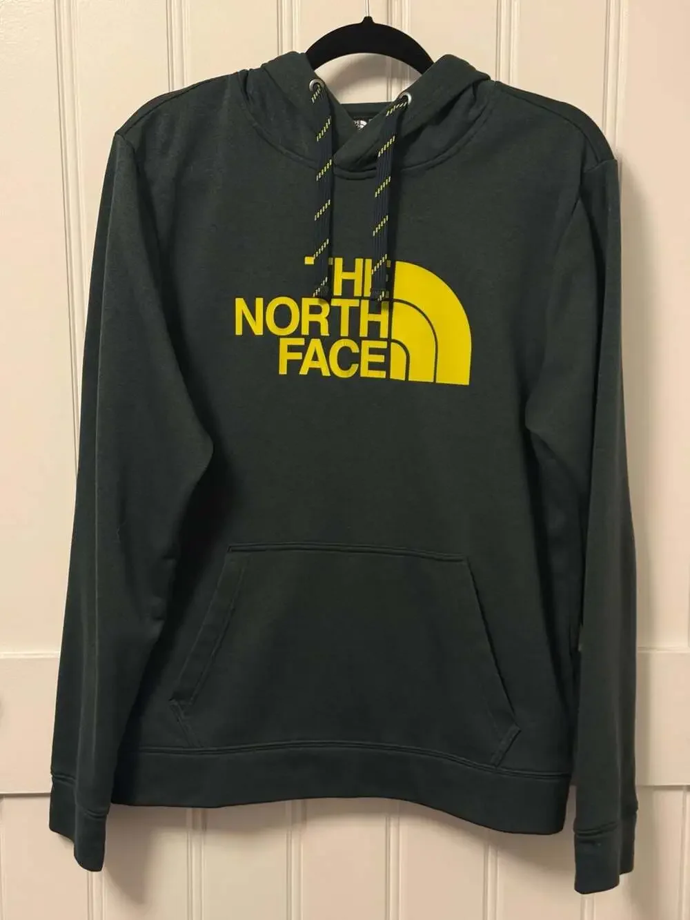 The North Face Men's Half Dome Pullover Hoodie in Dark Green with Yellow Logo